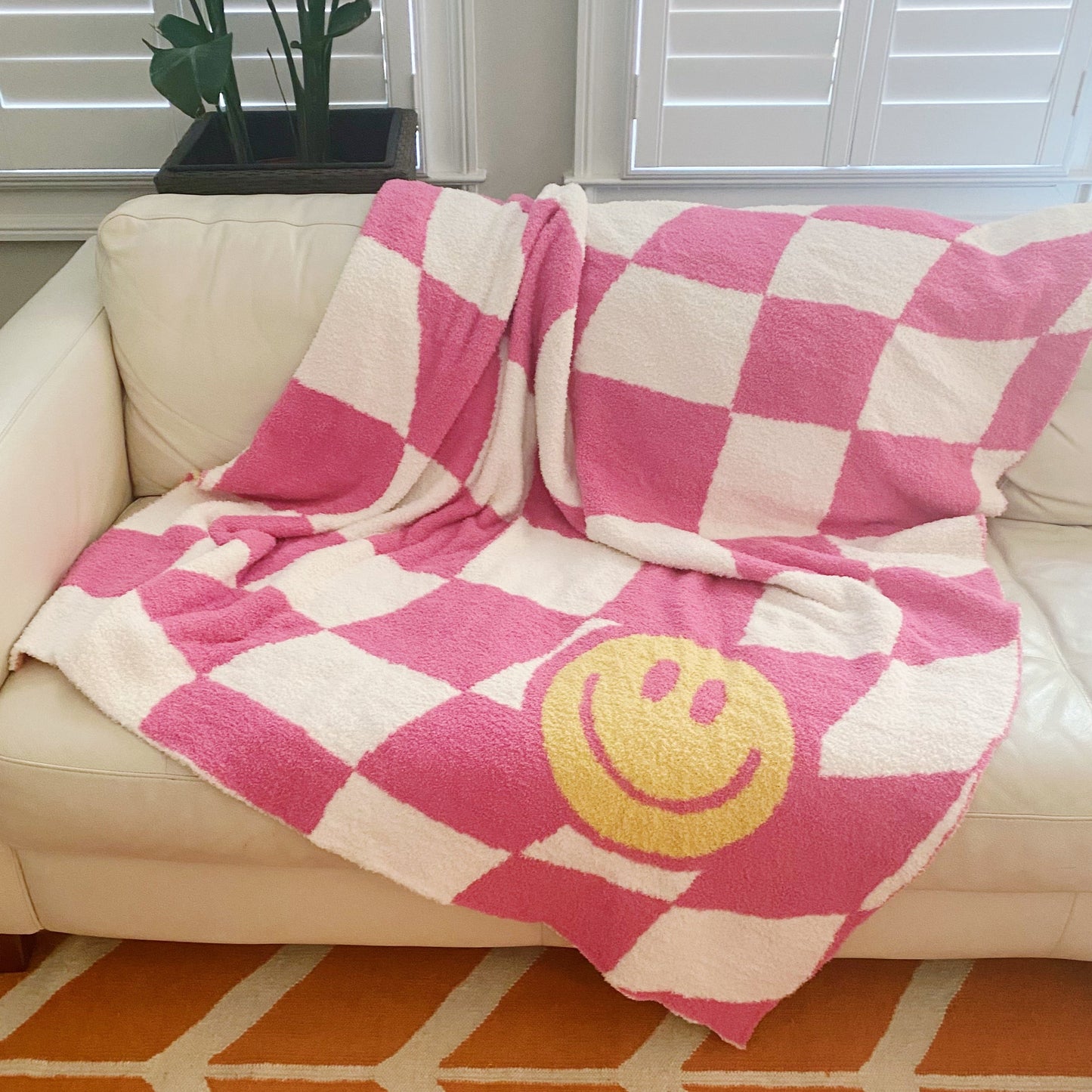 Cozy Wavy Check Butter Soft Throw Blanket - 50" x 60" Cloud-Soft Design with Happy Face