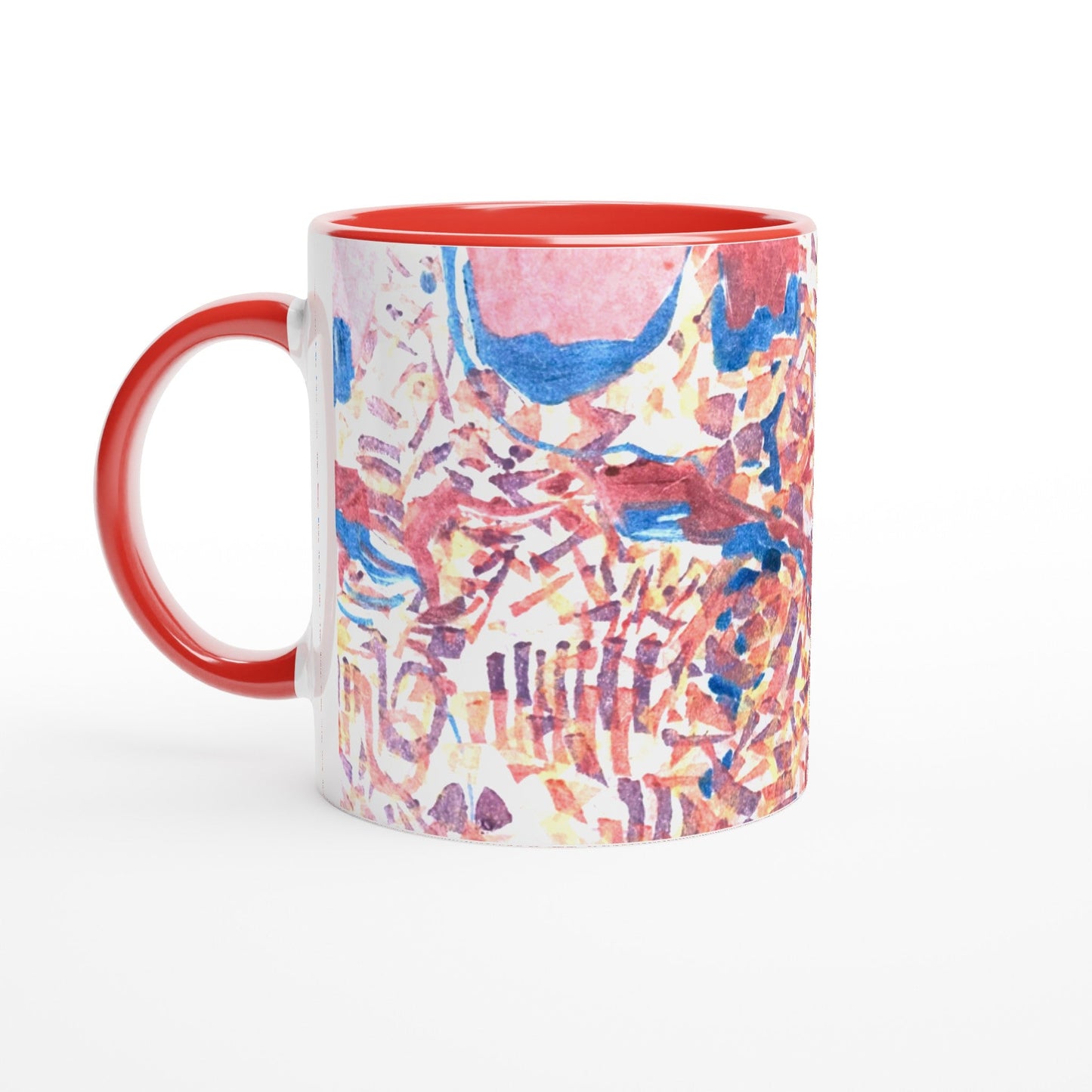 11oz White Ceramic Mug with Color Inside | Coffee Cup with 'Abstract Fusion' Artwork by American Artist Barbara Cleary