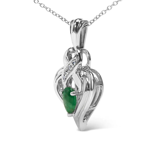 .925 Sterling Silver 6x4mm Pear Emerald and Diamond Accent Heart Pendant Necklace (H-I Color, SI1-SI2 Clarity) - 18 Inches