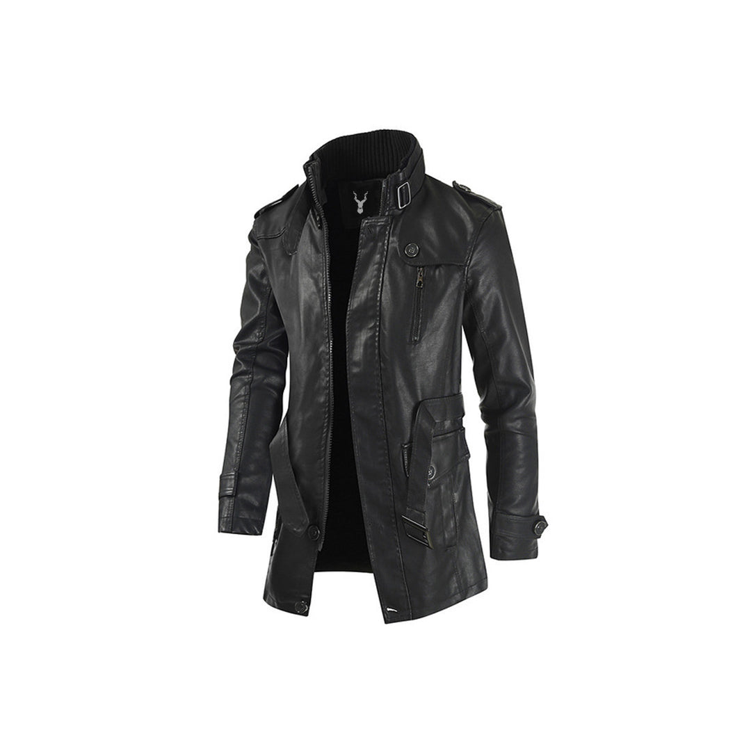 Men's 100% Leather Belted Coat with Stand-Up Collar, Vented Pocket, and Buttoned Cuffs