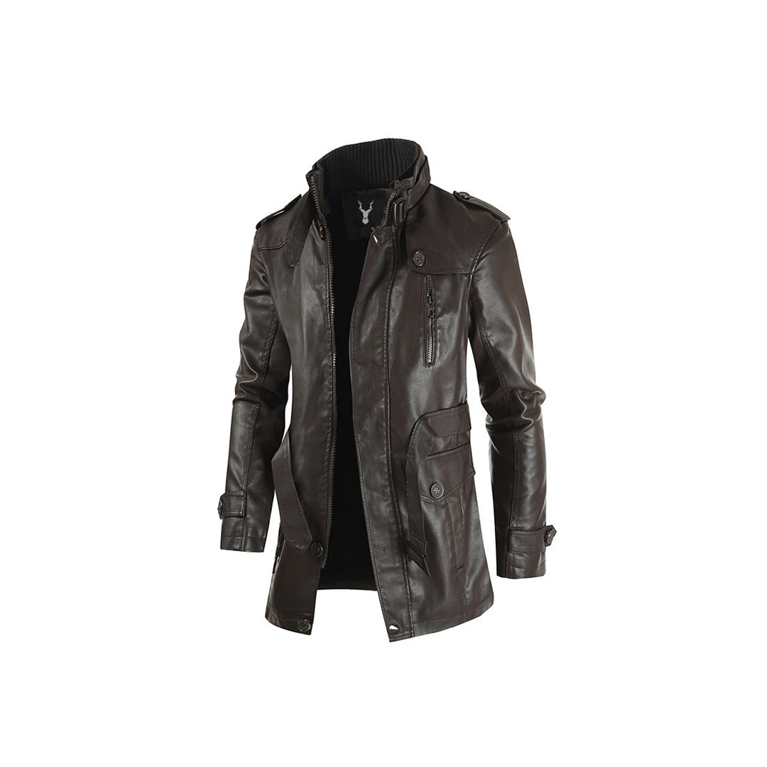 Men's 100% Leather Belted Coat with Stand-Up Collar, Vented Pocket, and Buttoned Cuffs