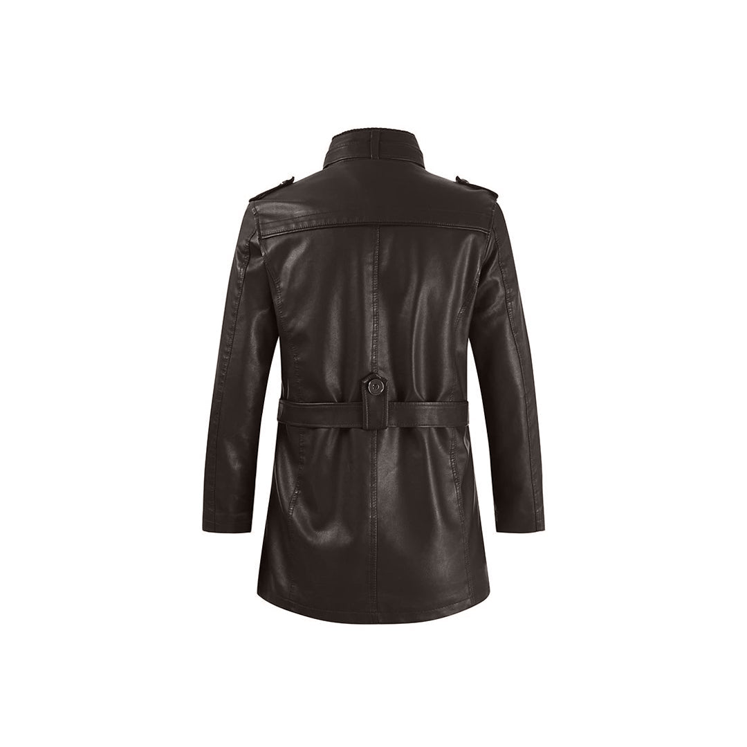 Men's 100% Leather Belted Coat with Stand-Up Collar, Vented Pocket, and Buttoned Cuffs