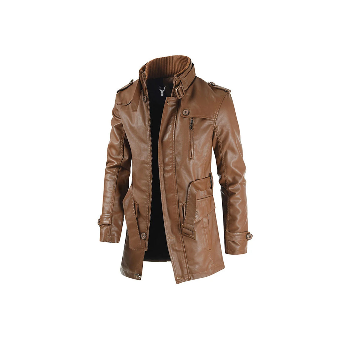 Men's 100% Leather Belted Coat with Stand-Up Collar, Vented Pocket, and Buttoned Cuffs