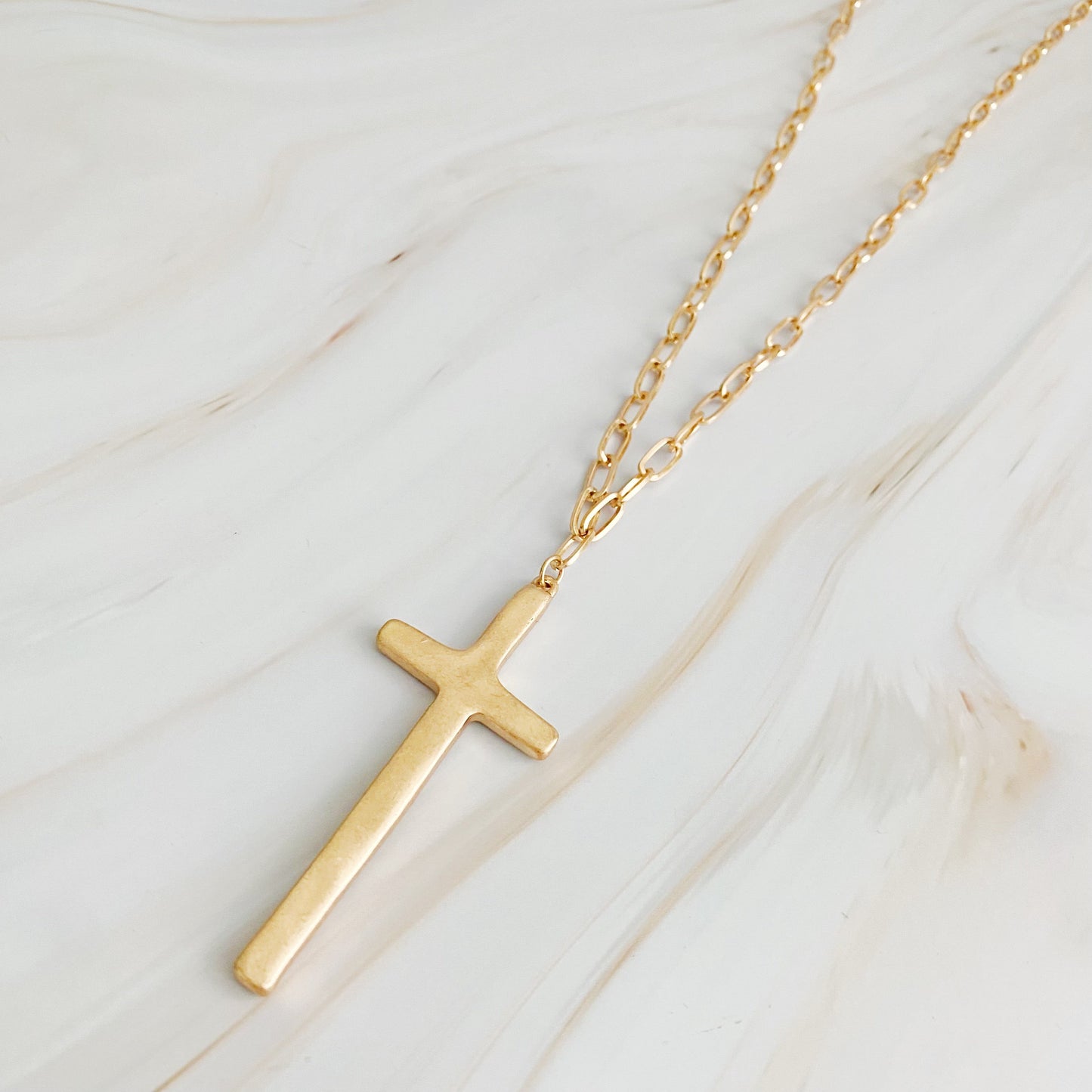 Hammered Cross Long Chain Necklace