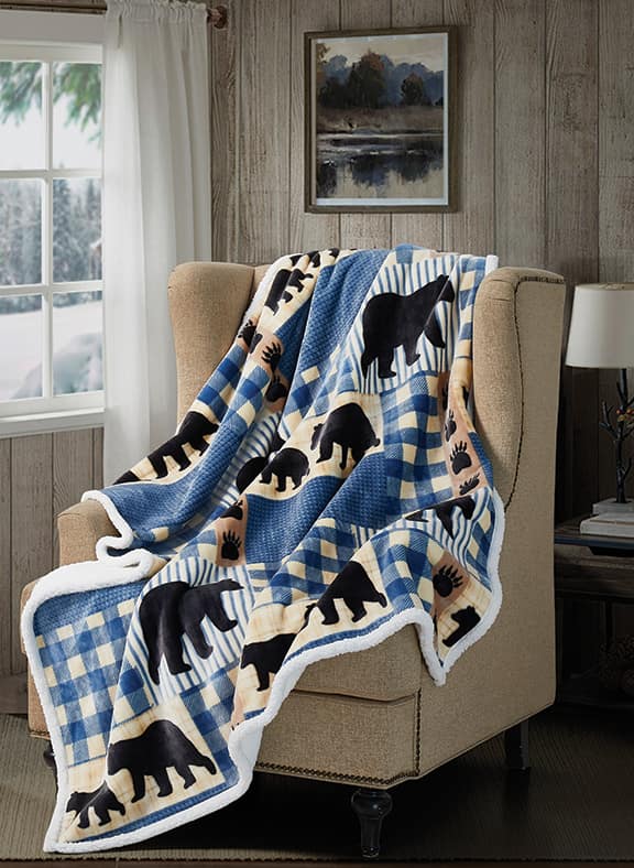 Bear Mountain Blues Flannel Sherpa Throw - Soft, Cozy Blanket for Chilly Nights