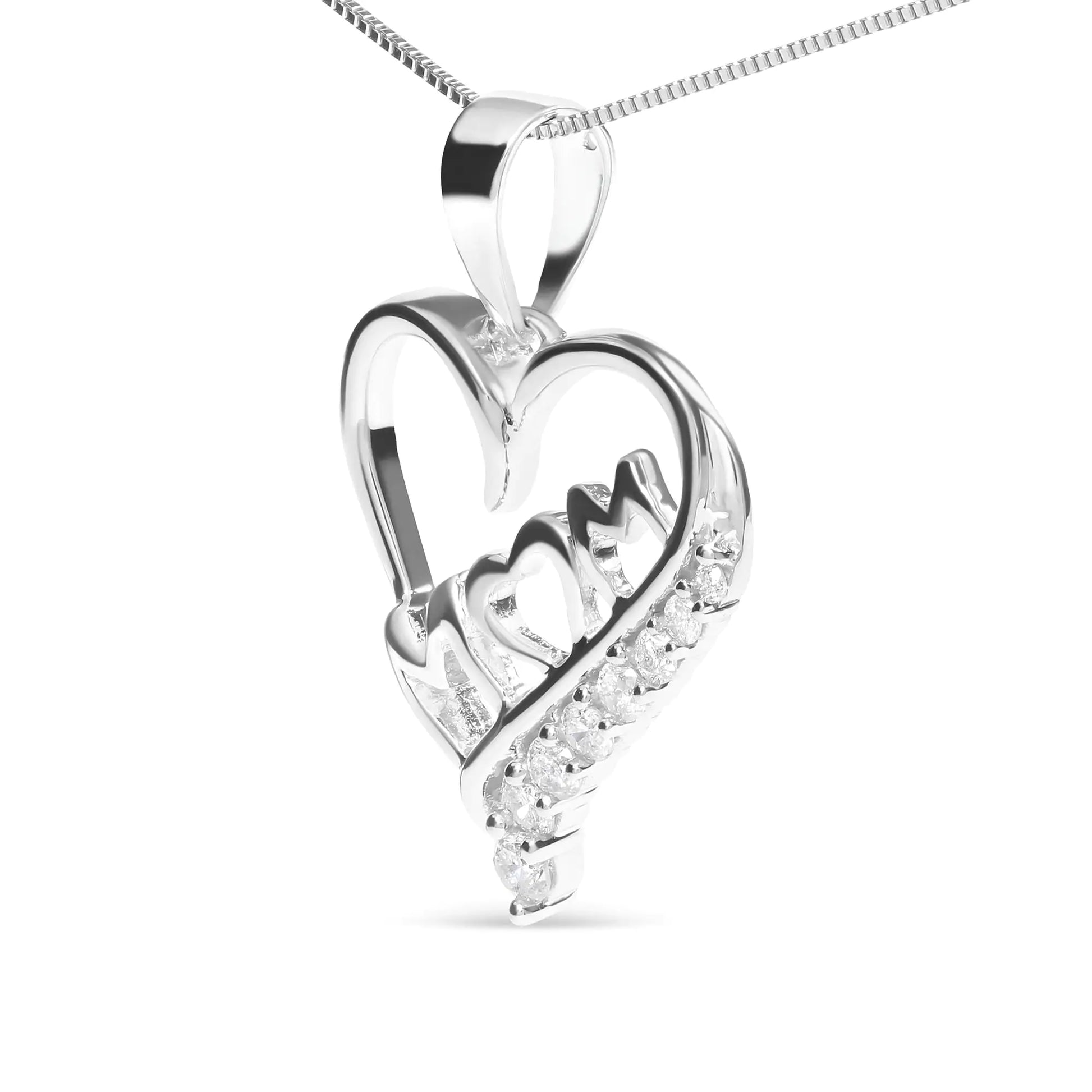 Another angle of the elegant 'Mom' and open heart pendant necklace in sterling silver, showcasing its design as a sentimental gift for mom.