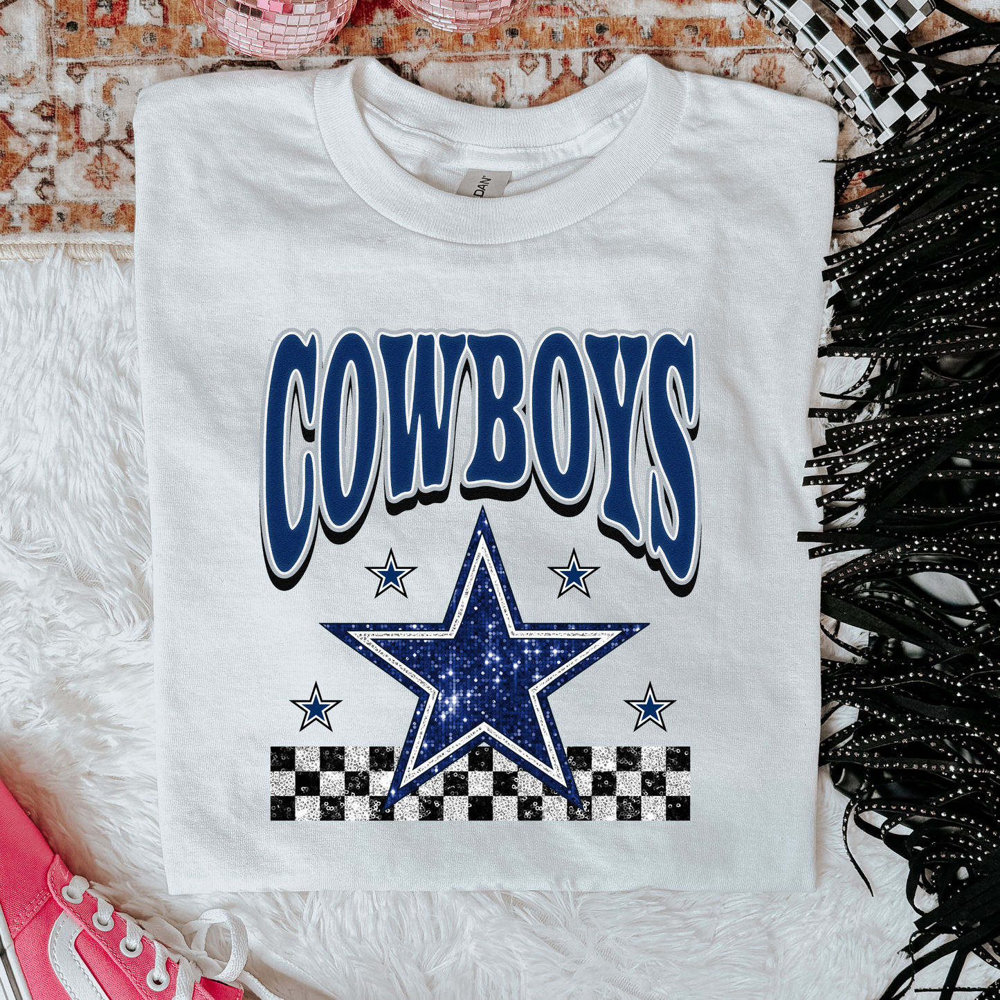 Faux Glitter Cowboys Graphic Tee - Stylish Western-Inspired Shirt for Trendy Fashion Lovers