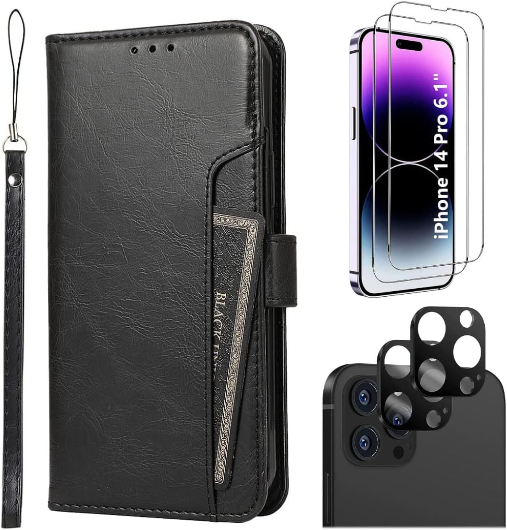 iPhone 14 Pro 6.1-inch Protection Kit Bundle - Folio Wallet Case with Tempered Glass Screen and Camera Protector (Black)