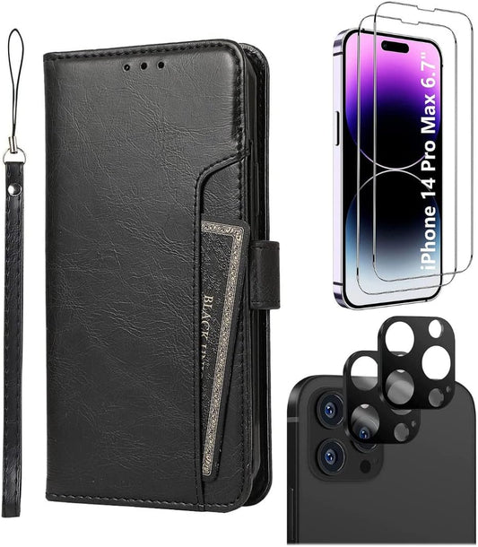 iPhone 14 Pro Max Protection Kit Bundle - Leather Folio Wallet Case with Tempered Glass Screen and Camera Protector (Black)