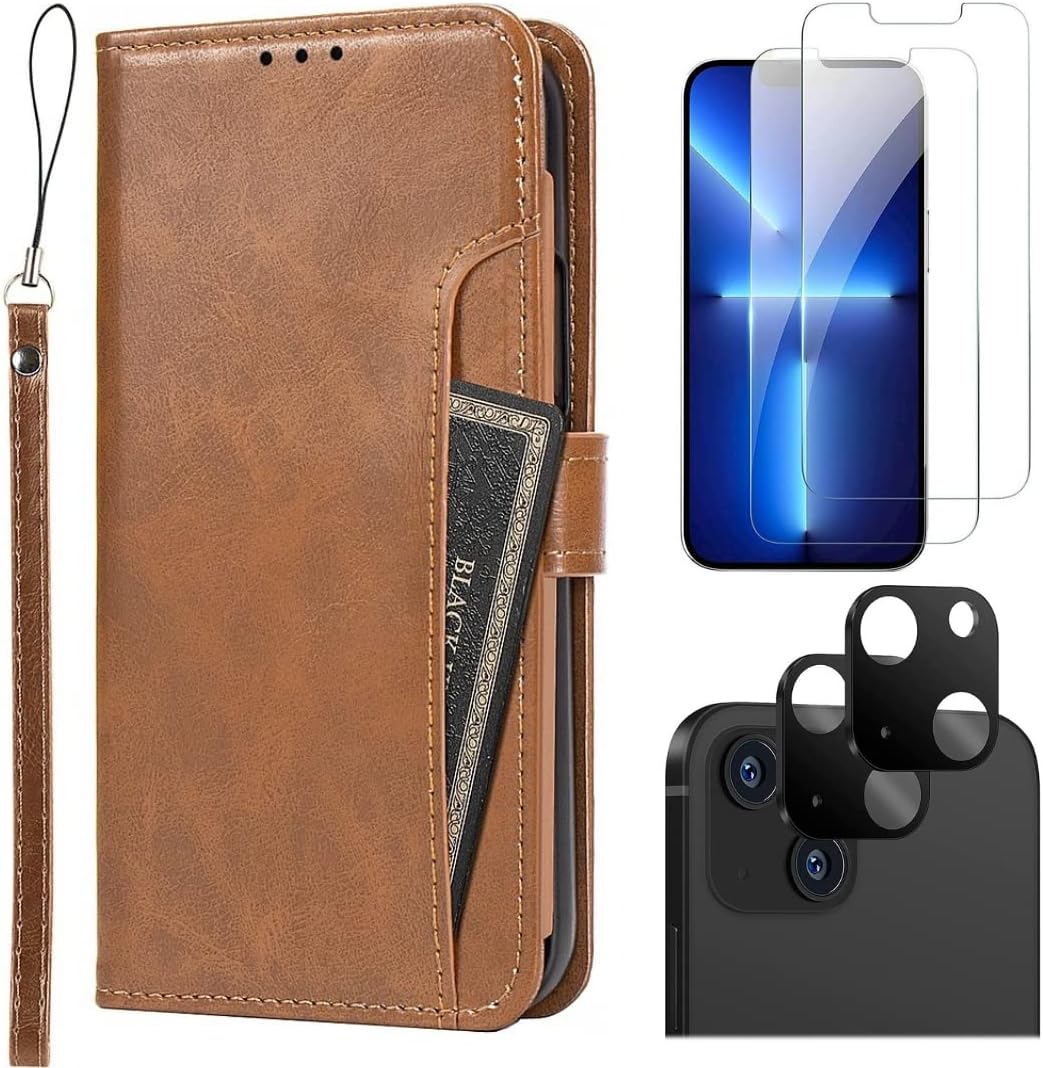 iPhone 14 Plus 6.7-Inch Protection Kit Bundle - Folio Wallet Case with Tempered Glass Screen and Camera Protector (Brown)