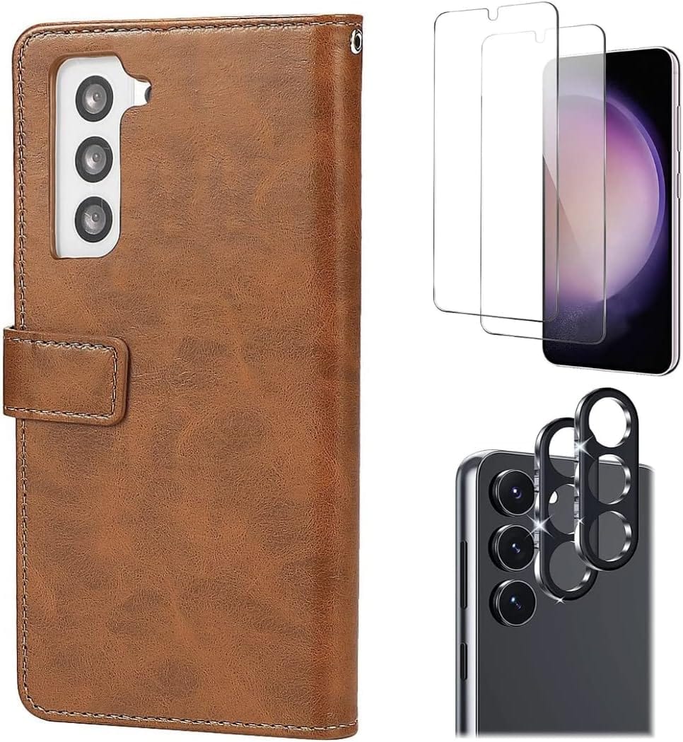 Bundle: Folio Brown Leather Wallet Case with Tempered Glass Screen and Camera Protector - Samsung Galaxy S23