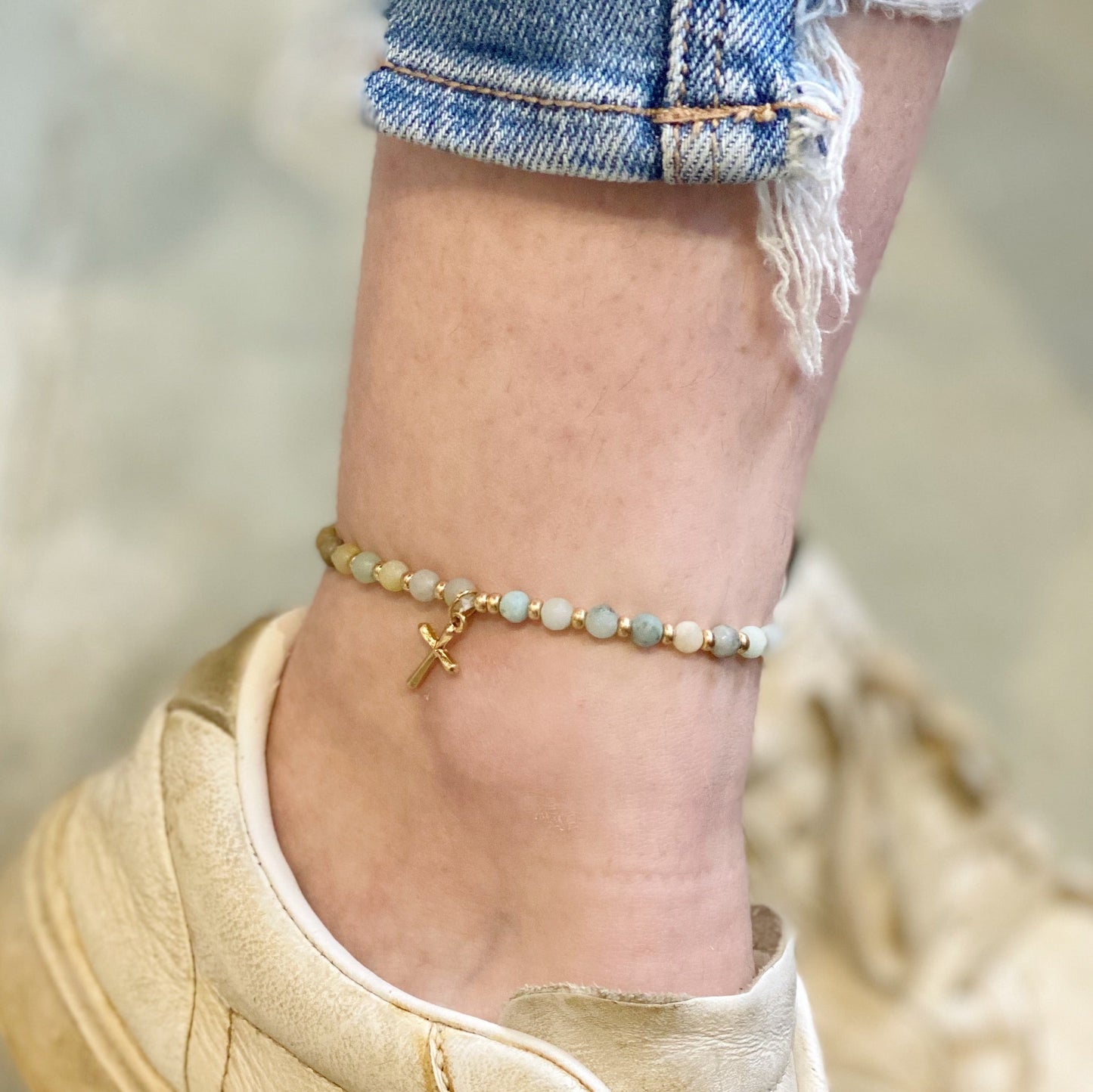 Stone Bead Cross Anklet