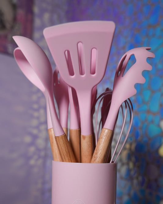 Trixie 12-Piece Pink Kitchen Utensils Set - Heat-Resistant Silicone with Wooden Handles