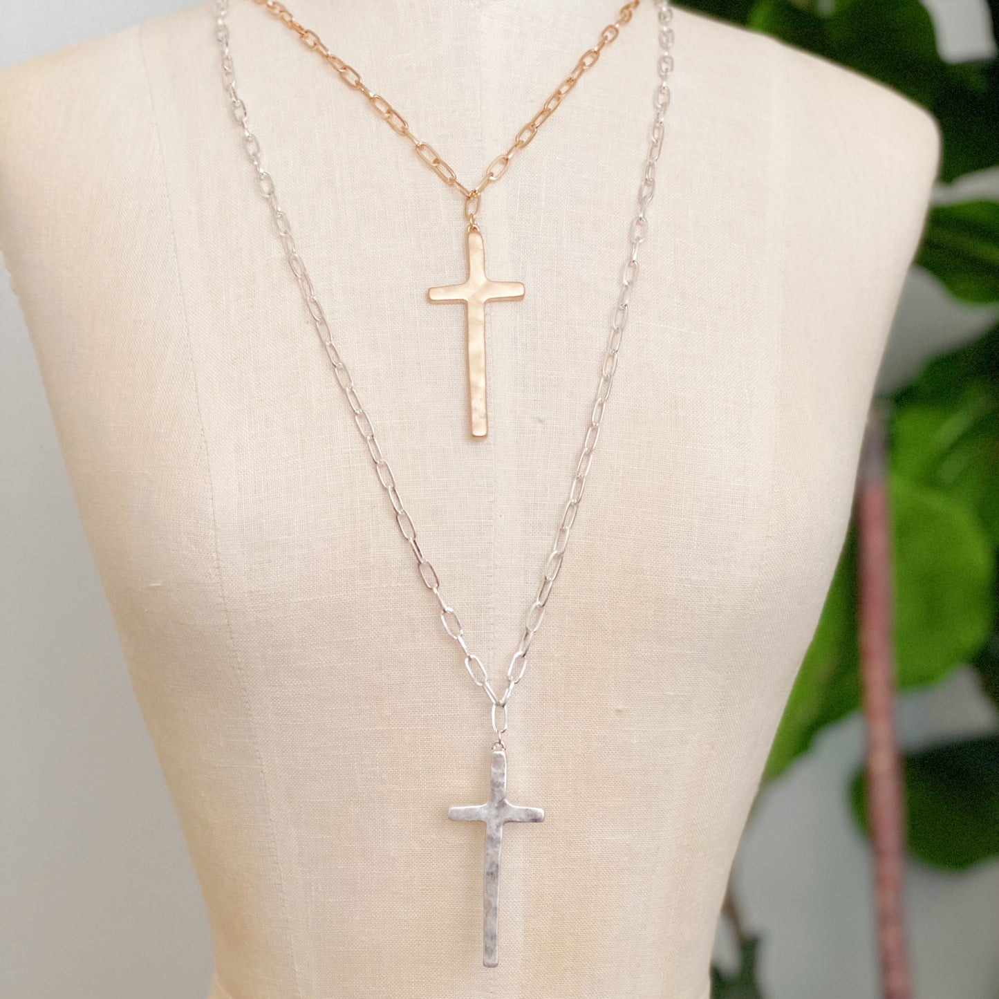 Hammered Cross Long Chain Necklace