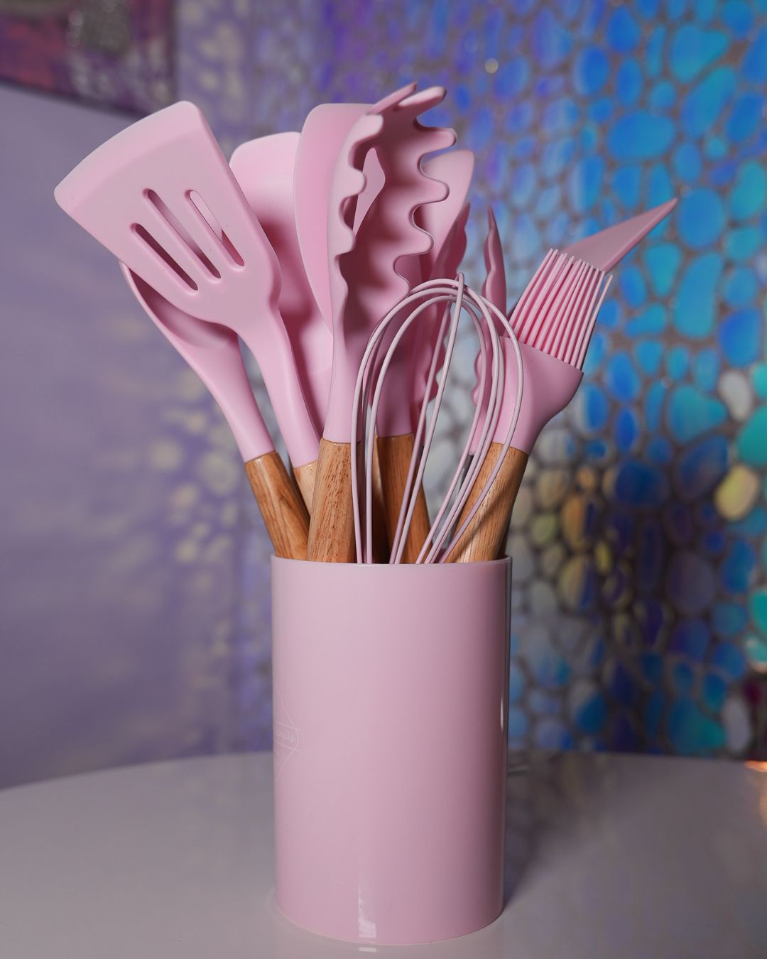 Trixie 12-Piece Pink Kitchen Utensils Set - Heat-Resistant Silicone with Wooden Handles