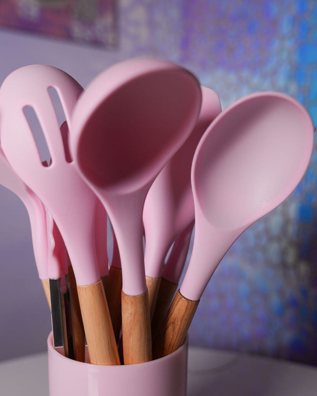 Trixie 12-Piece Pink Kitchen Utensils Set - Heat-Resistant Silicone with Wooden Handles