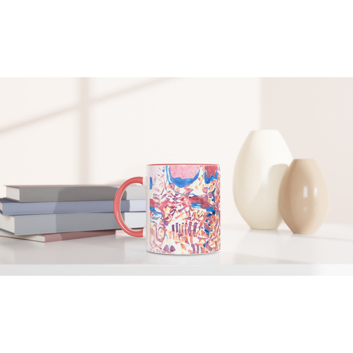 11oz White Ceramic Mug with Color Inside | Coffee Cup with 'Abstract Fusion' Artwork by American Artist Barbara Cleary