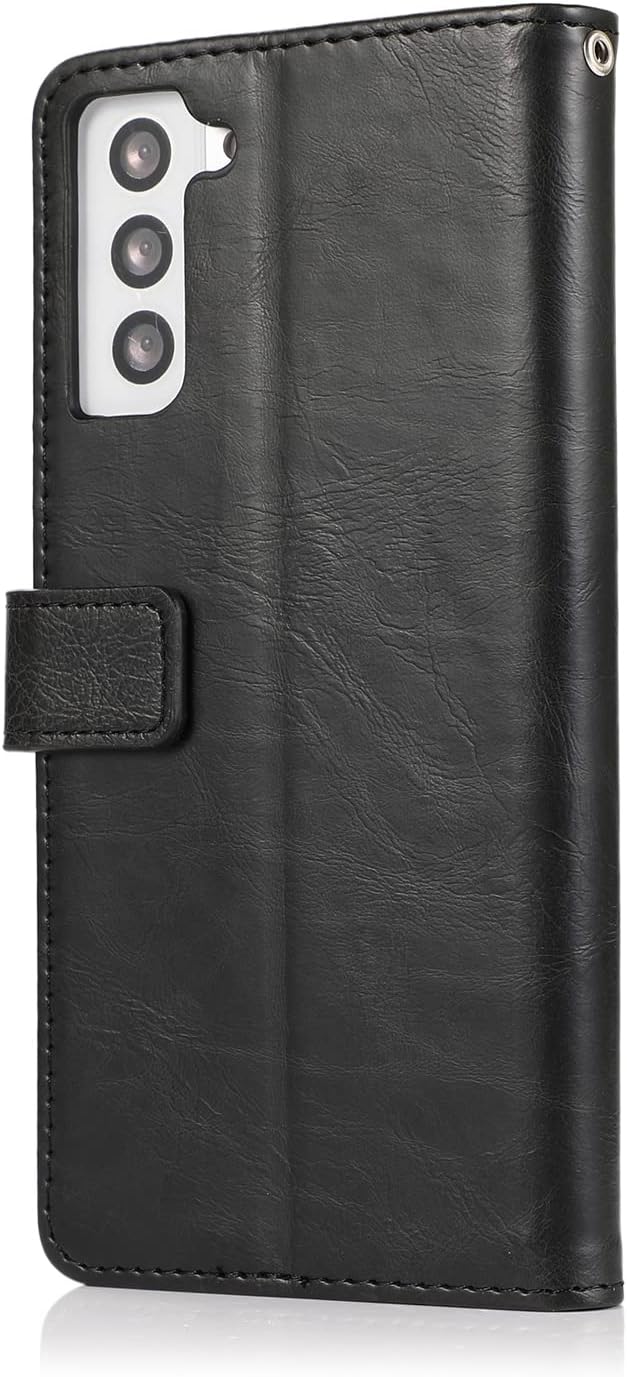 Bundle: Folio Black Leather Wallet Case with Tempered Glass Screen and Camera Protector - Samsung Galaxy S23