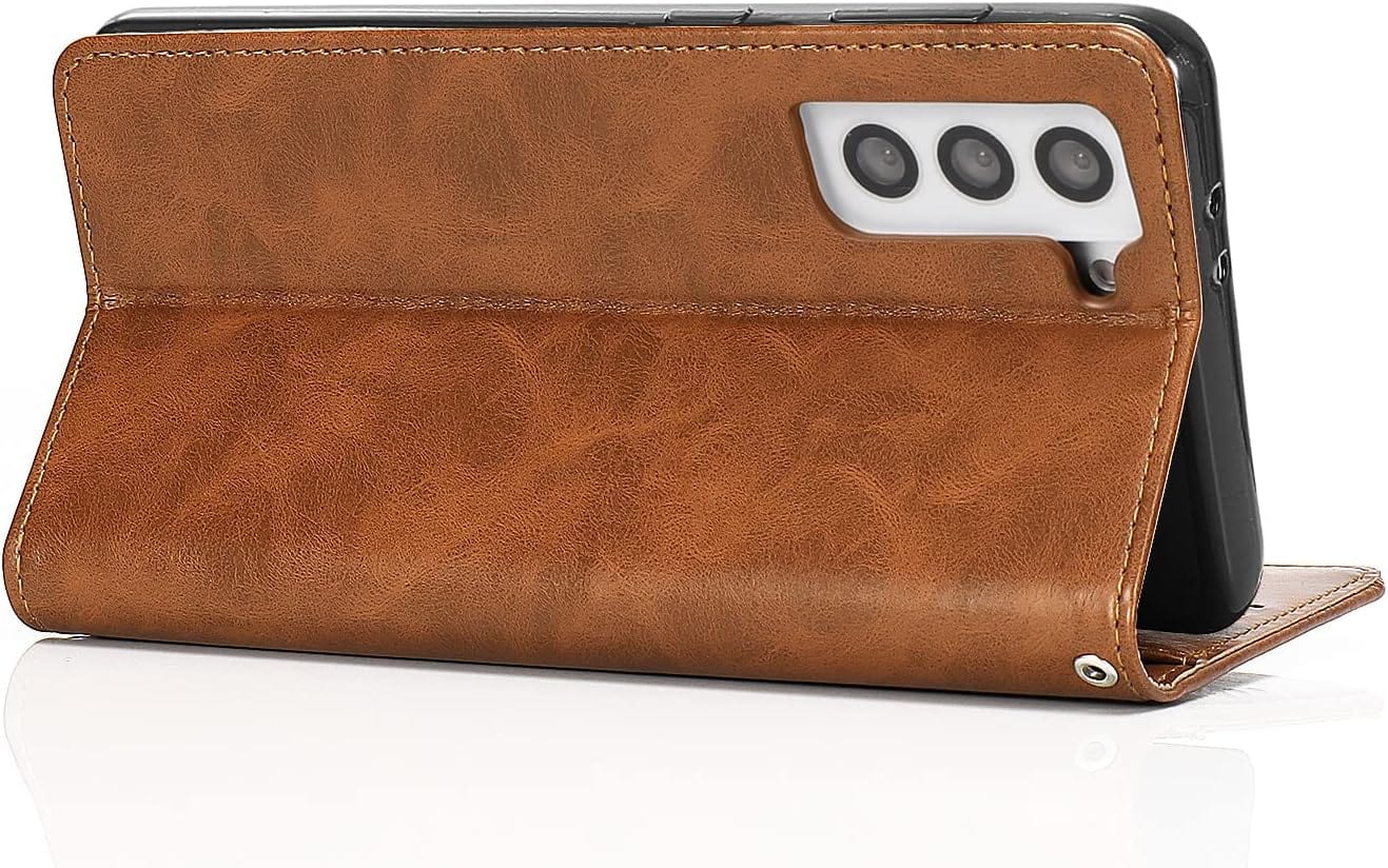 Bundle: Folio Brown Leather Wallet Case with Tempered Glass Screen and Camera Protector - Samsung Galaxy S23