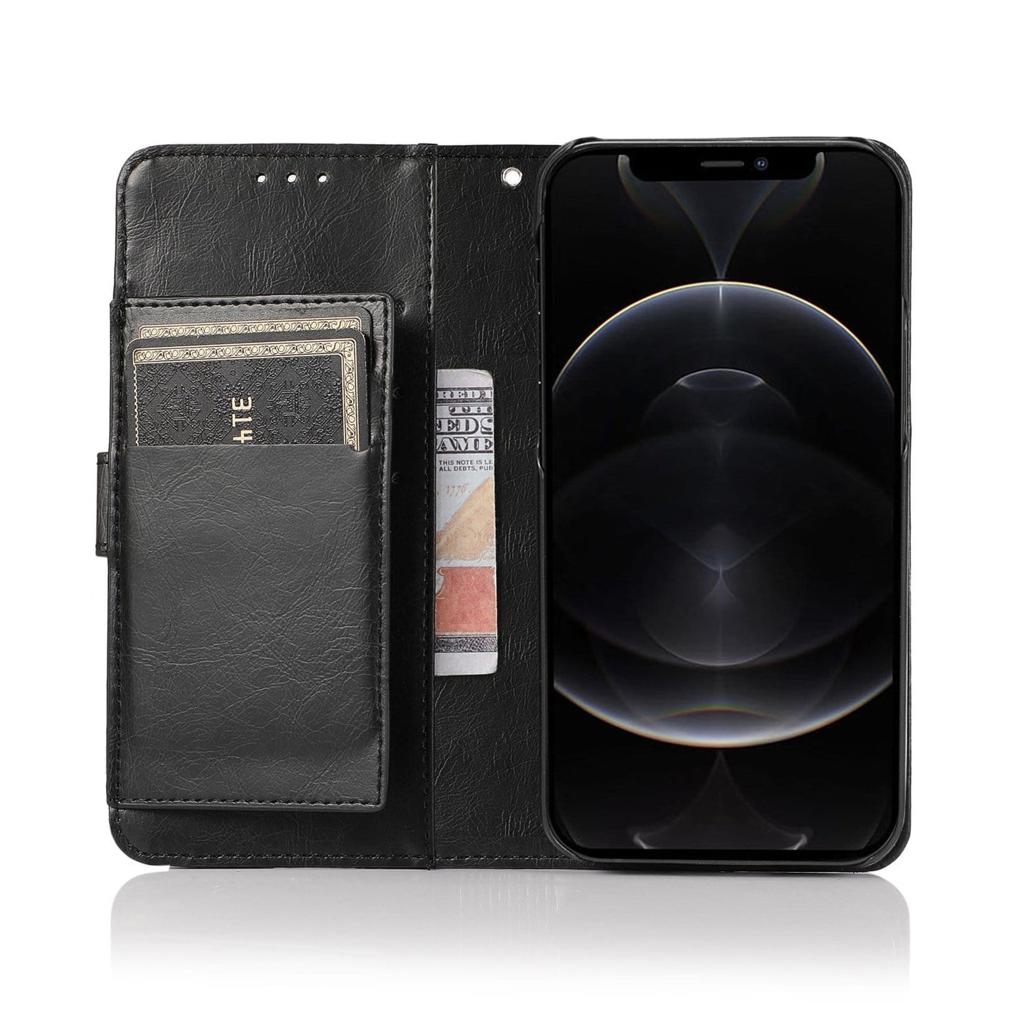 Indy Series Black Leather Wallet Case for iPhone 13 Pro Max with Kickstand & Card Holder