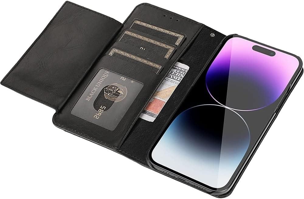 iPhone 14 Pro Max Protection Kit Bundle - Leather Folio Wallet Case with Tempered Glass Screen and Camera Protector (Black)