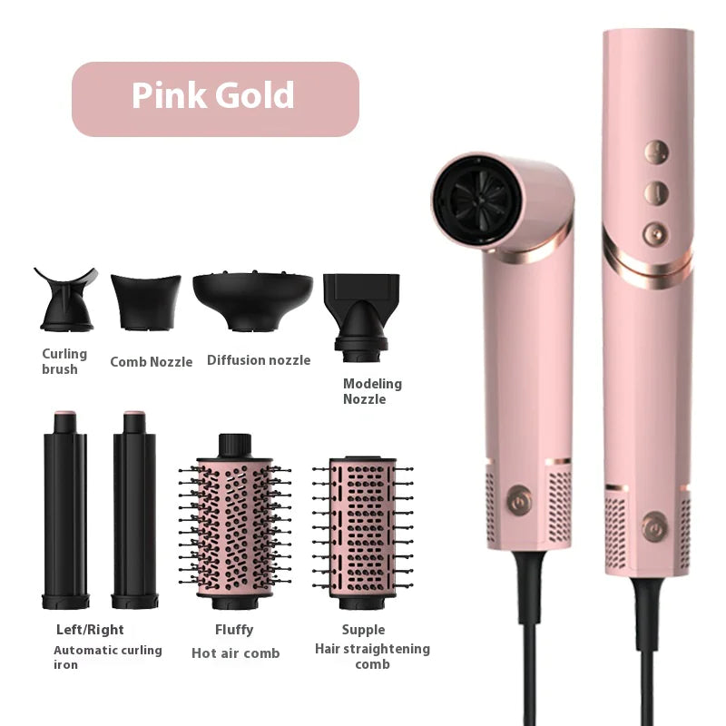 The 8-in-1 Hair Styler in gentle pink gold with highlighted features indicating its multifaceted styling functions.