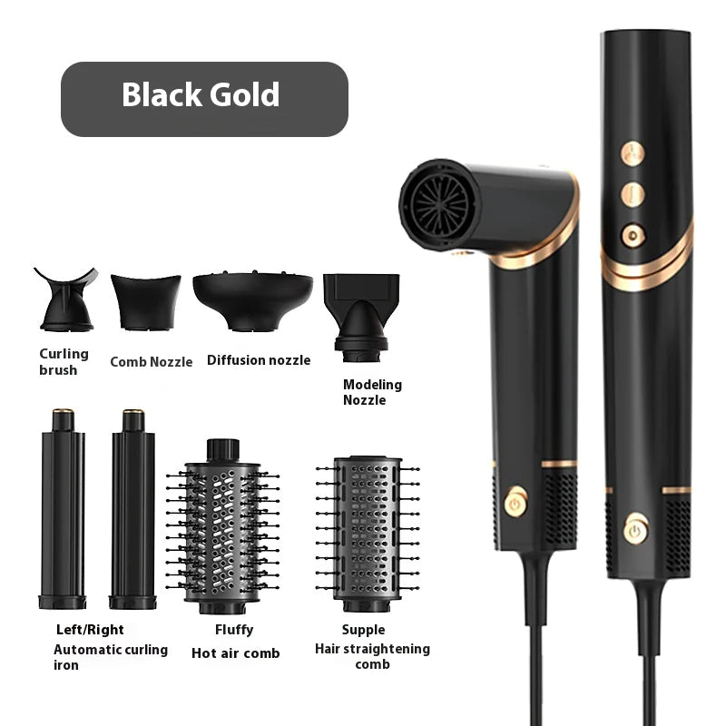 Champagne gold 8-in-1 hair styler featuring a foldable design and multiple styling attachments including a hot air brush.