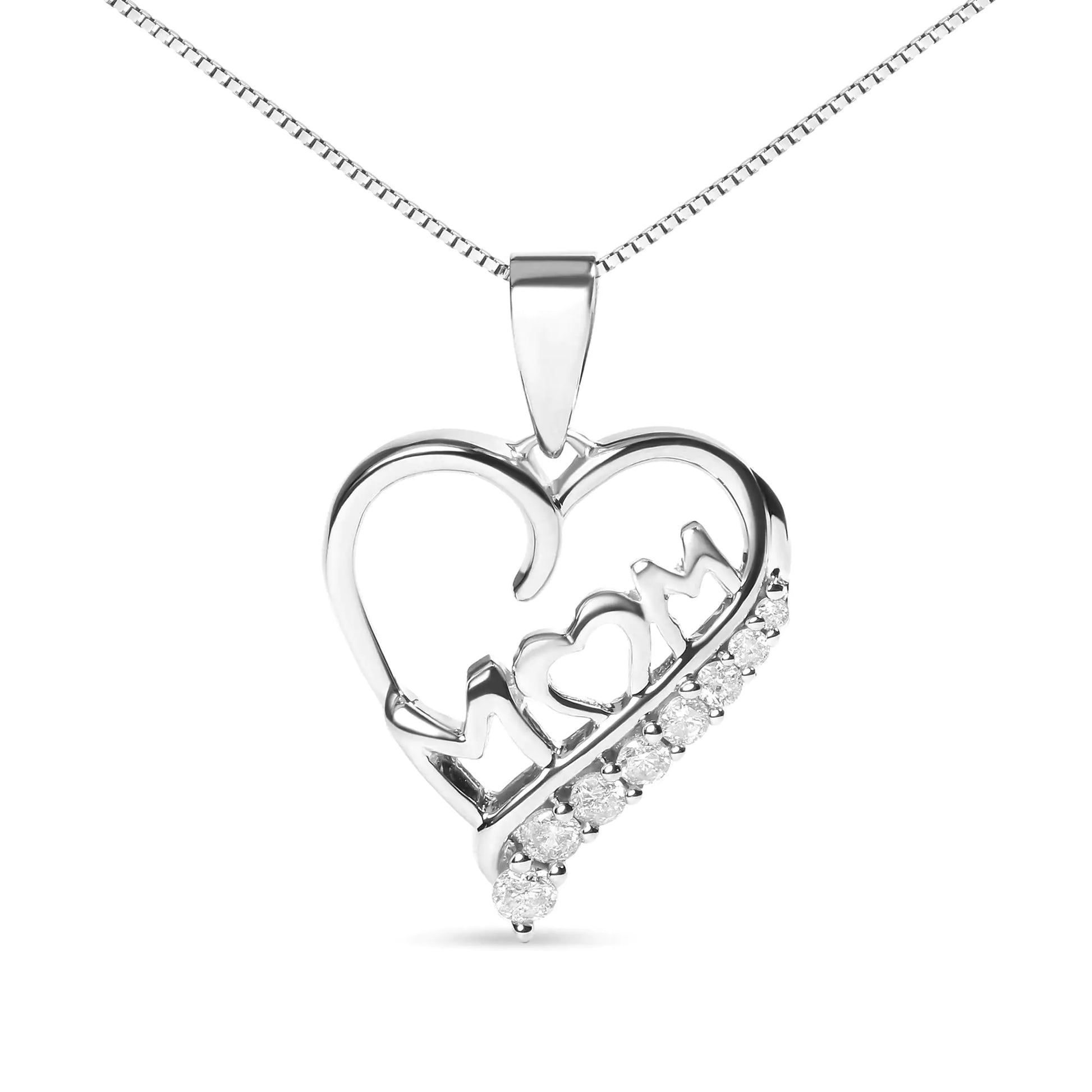 A beautiful 'Mom' and open heart pendant necklace made of .925 sterling silver, adorned with sparkling diamonds, perfect as a sentimental gift for mom.