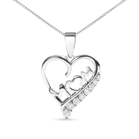 A beautiful 'Mom' and open heart pendant necklace made of .925 sterling silver, adorned with sparkling diamonds, perfect as a sentimental gift for mom.