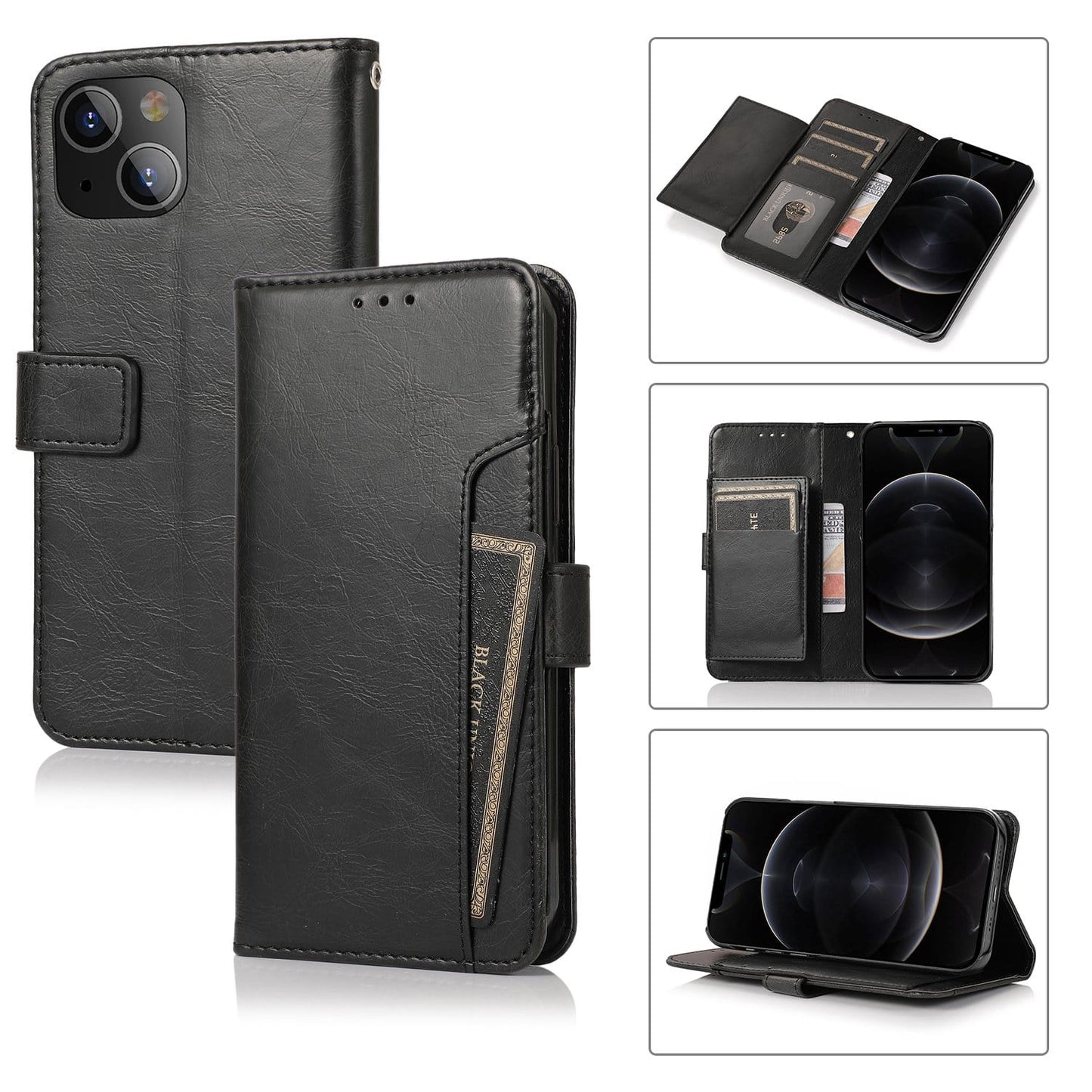 Zerodamage Indy Series Black Leather Wallet Case for iPhone 13 Mini - Kickstand & Card Holder