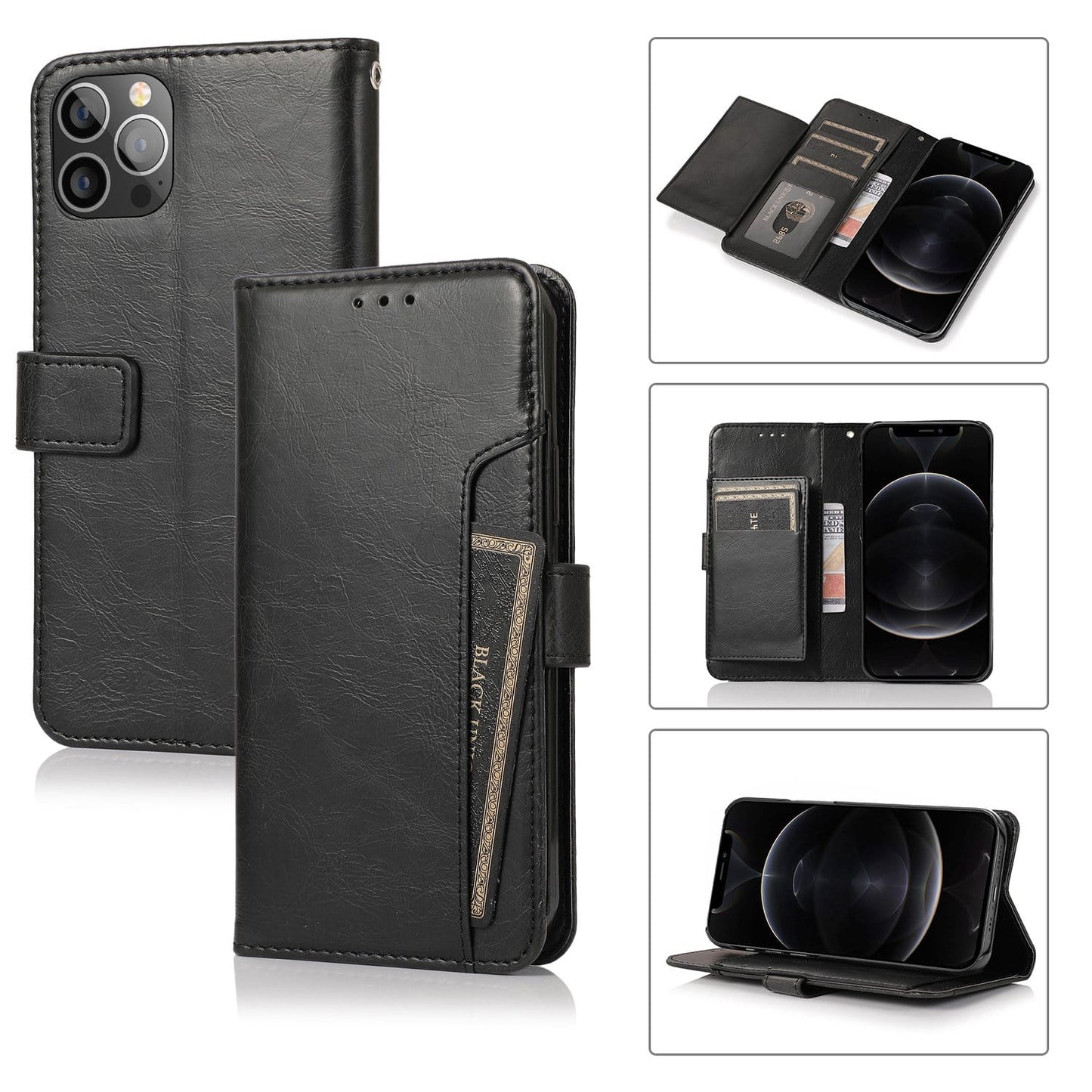 Indy Series Black Leather Wallet Case for iPhone 13 Pro Max with Kickstand & Card Holder