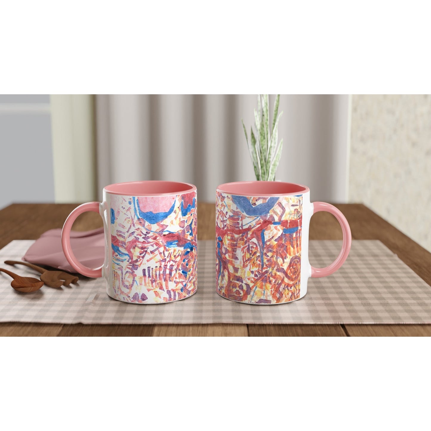 11oz White Ceramic Mug with Color Inside | Coffee Cup with 'Abstract Fusion' Artwork by American Artist Barbara Cleary