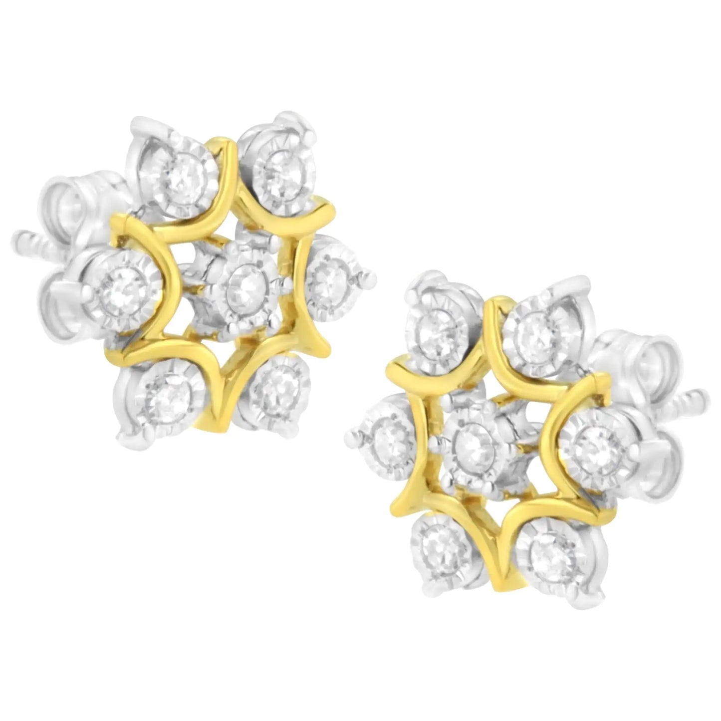 10K Yellow Gold Plated .925 Sterling Silver 1/4 Cttw Miracle Set Round-Cut Diamond Floral Earring (I-J Color, I2-I3 Clarity)