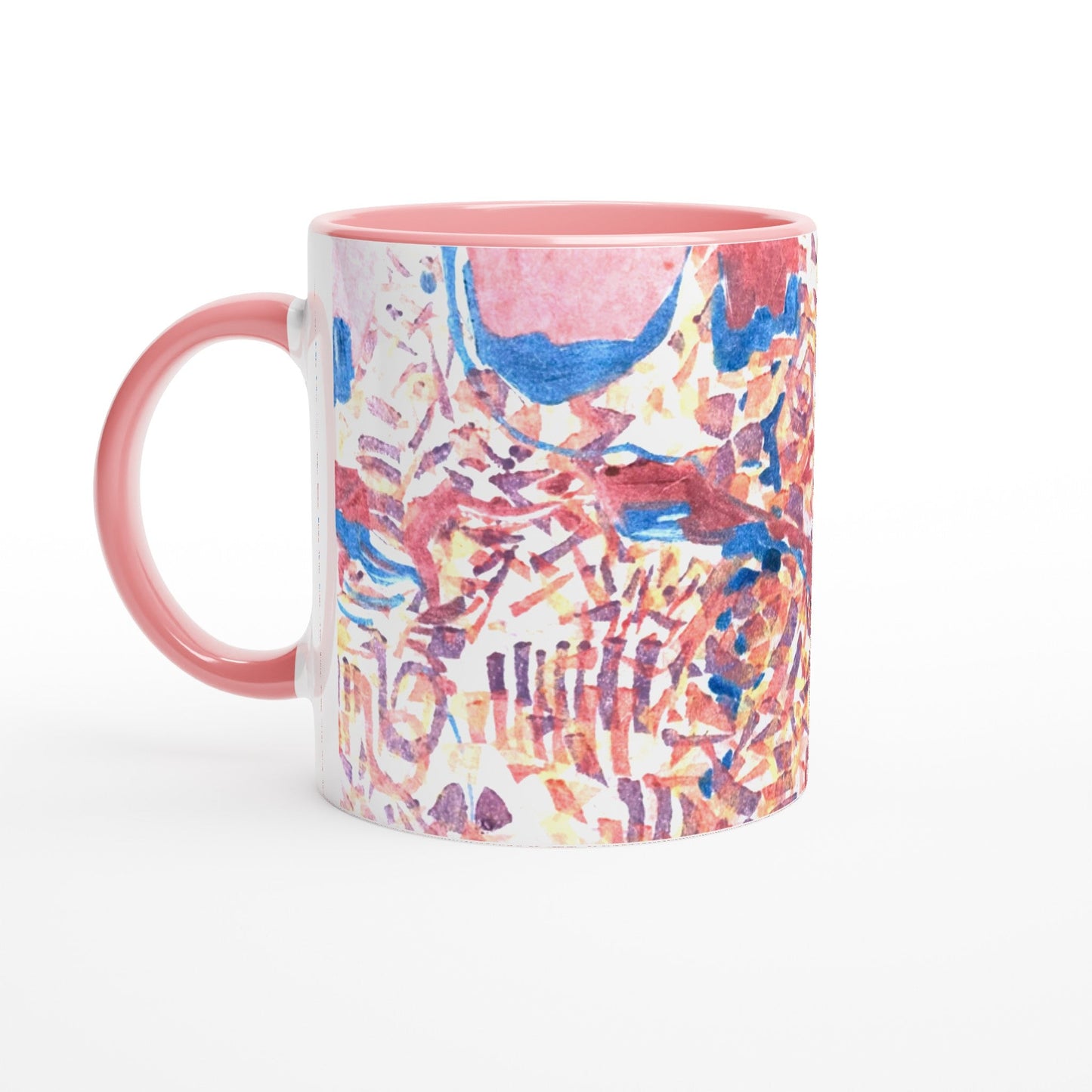 11oz White Ceramic Mug with Color Inside | Coffee Cup with 'Abstract Fusion' Artwork by American Artist Barbara Cleary