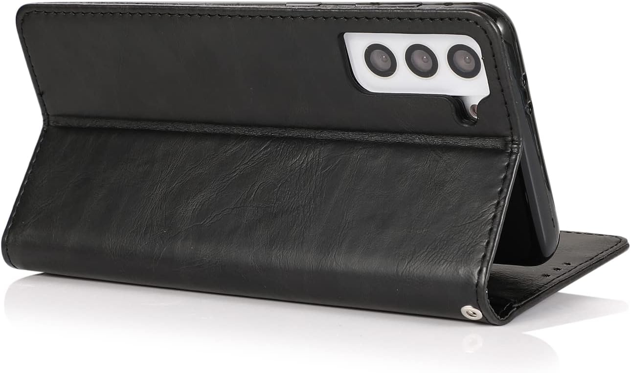 Bundle: Folio Black Leather Wallet Case with Tempered Glass Screen and Camera Protector - Samsung Galaxy S23