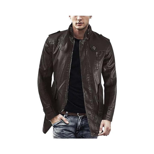 Men's 100% Leather Belted Coat with Stand-Up Collar, Vented Pocket, and Buttoned Cuffs