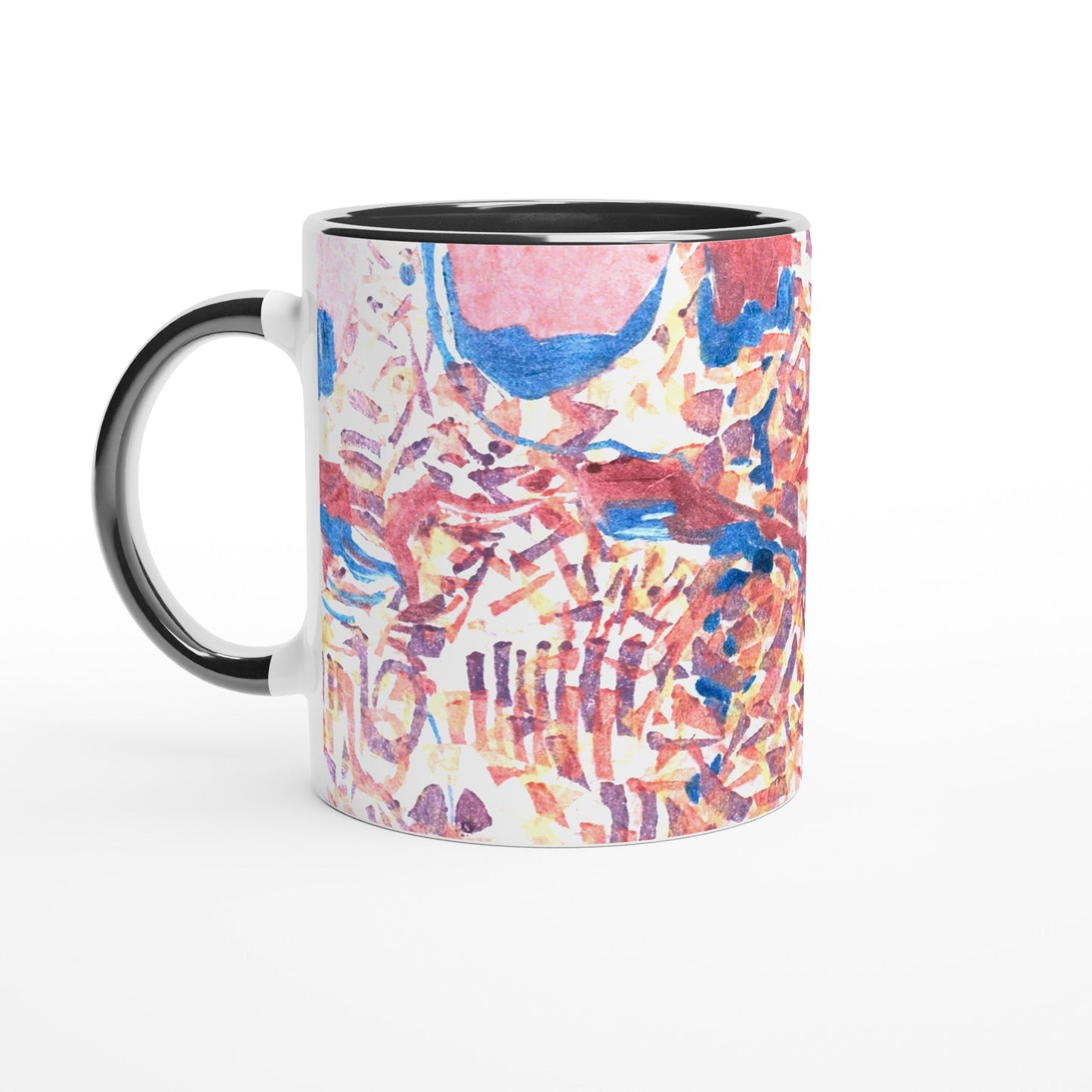 11oz White Ceramic Mug with Color Inside | Coffee Cup with 'Abstract Fusion' Artwork by American Artist Barbara Cleary