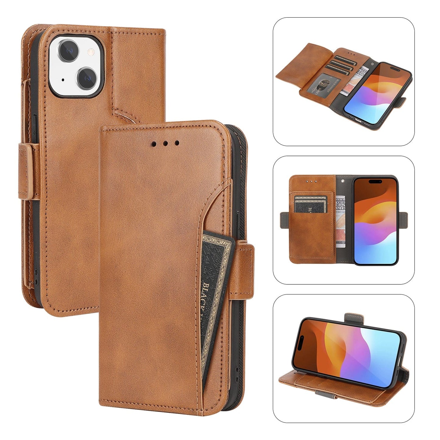 Indy Series Genuine Leather Wallet Case for iPhone 15 Plus - MagSafe, Kickstand, Card Holder