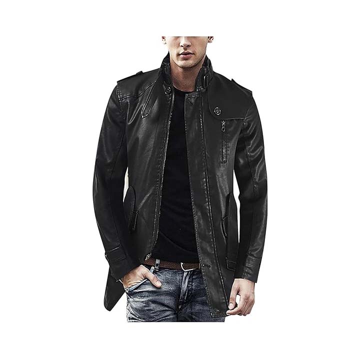 Men's 100% Leather Belted Coat with Stand-Up Collar, Vented Pocket, and Buttoned Cuffs