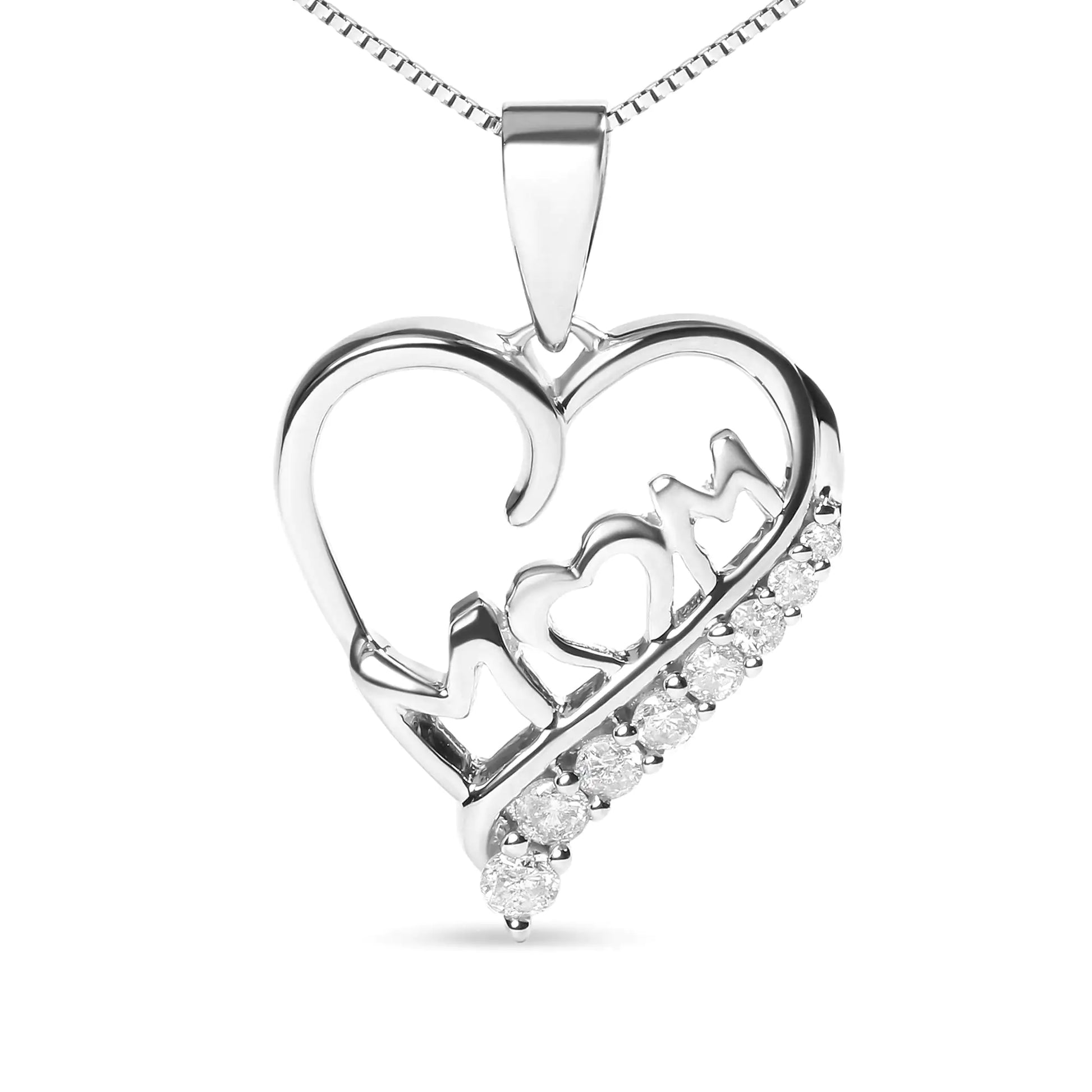 Close-up view of a sterling silver 'Mom' and open heart pendant necklace featuring diamonds, an ideal sentimental gift for mom.