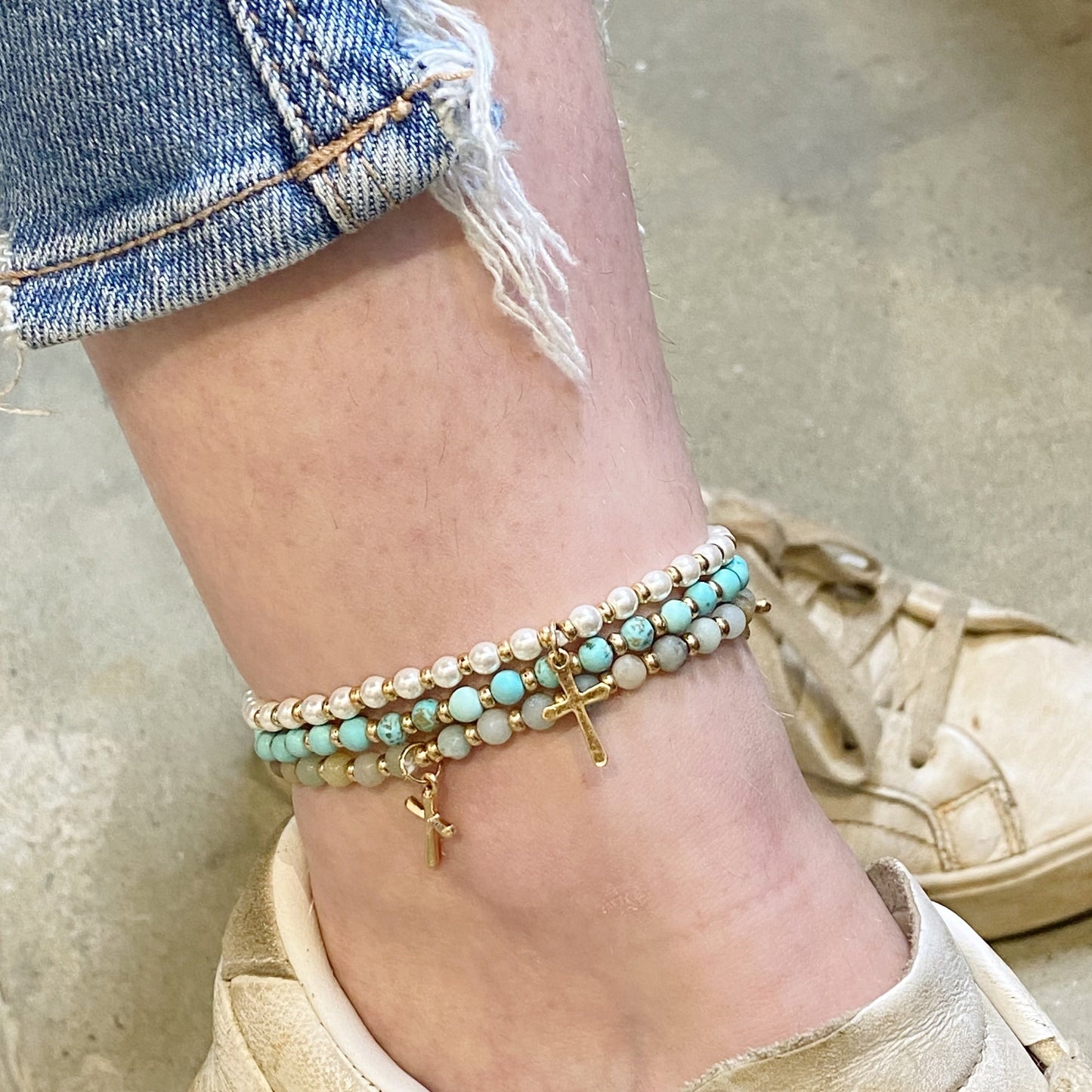 Stone Bead Cross Anklet