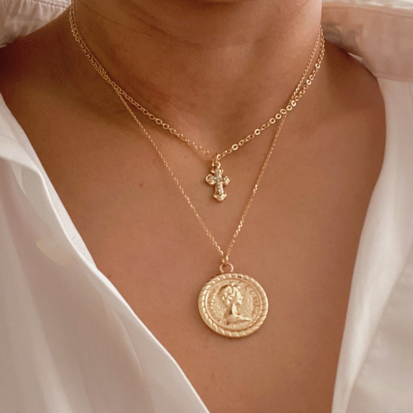 Cross And Coin Layered Necklace