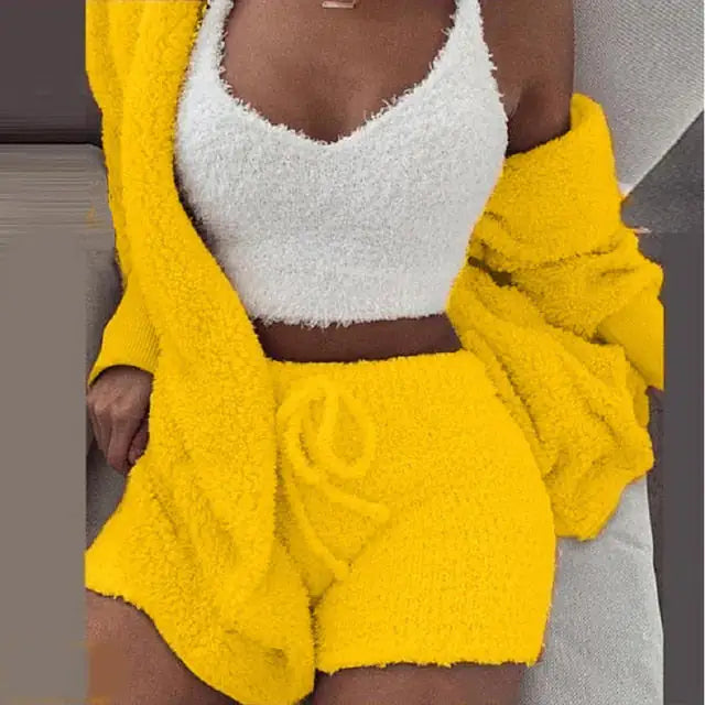 Bright yellow knit ensemble, great gift for her. This set consists of a cozy top, matching shorts, and a cardigan.