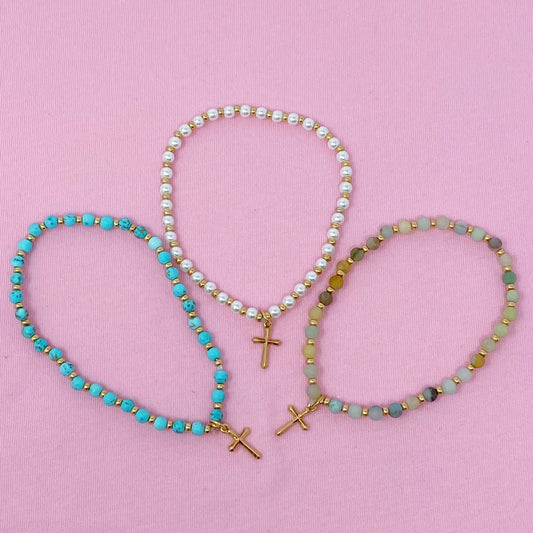 Stone Bead Cross Anklet