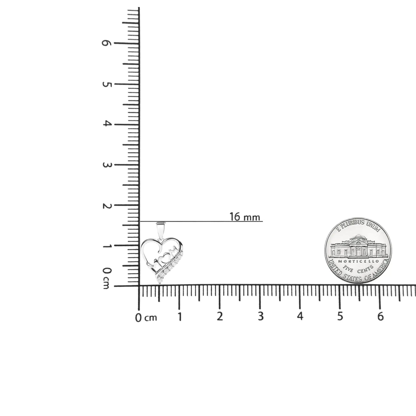 Measuring the 'Mom' and open heart pendant necklace next to a ruler and a coin, highlighting its size as a sentimental gift for mom.