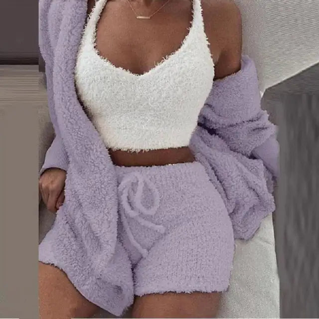 Gorgeous lavender knit set, wonderful gift for her. This 3-piece set features a soft top, matching shorts, and a cardigan.