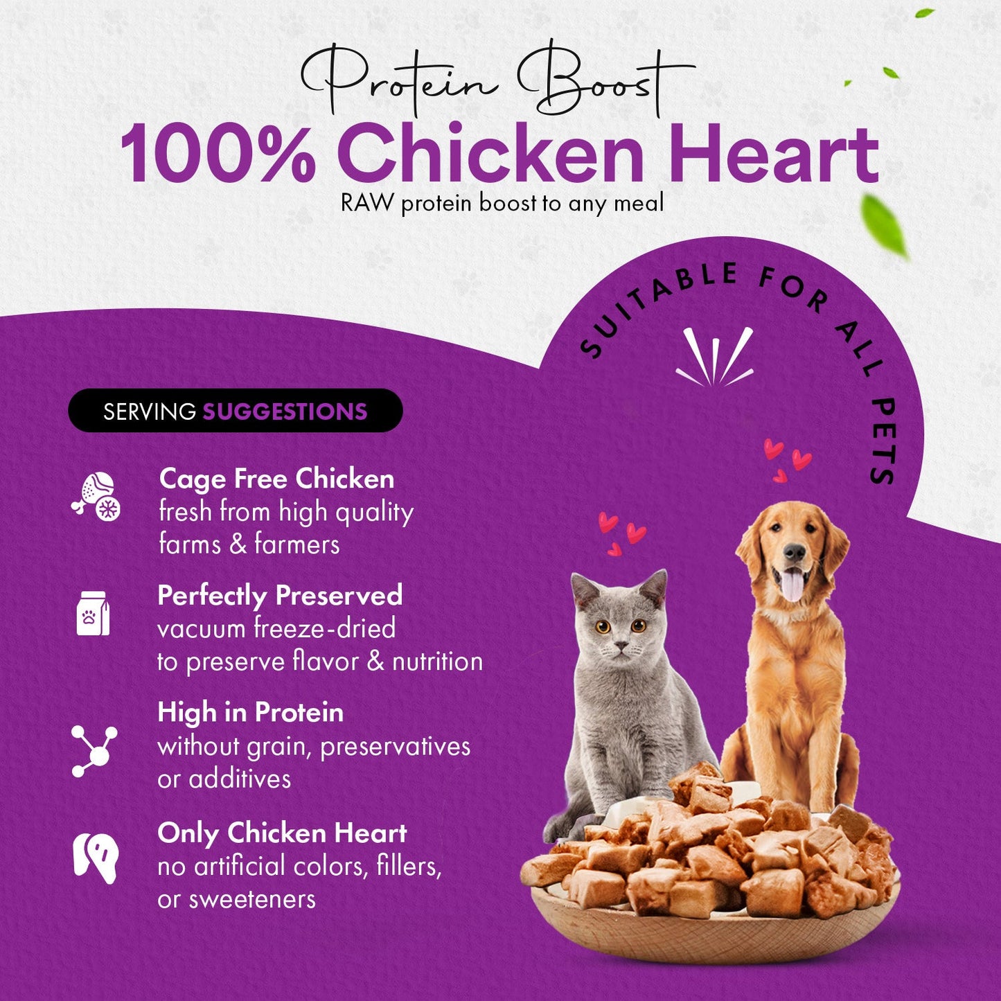 Freeze Dried Chicken Heart Cat & Dog Treats - Only 1 Ingredient - Healthy, Tasty, Dry Food for Indoor Cats, Kittens, Dogs - Inspected & Tested in the USA - Chicken Heart (1.75oz-3.5o