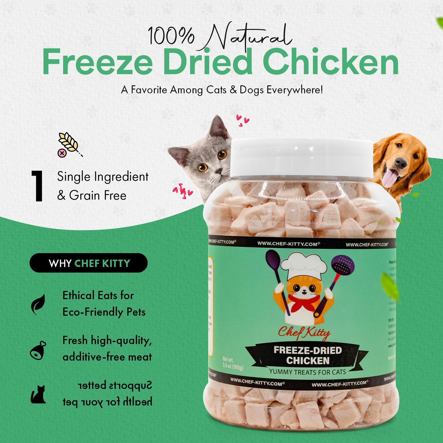 Freeze Dried Chicken Cat & Dog Treats - Made from 100% Human Grade Chicken Breast - Only 1 Ingredient - Healthy, Tasty, Dry Food for Indoor Cats, Kittens, Dogs - Inspected & Tested in the USA - (1.75oz-7.7oz)