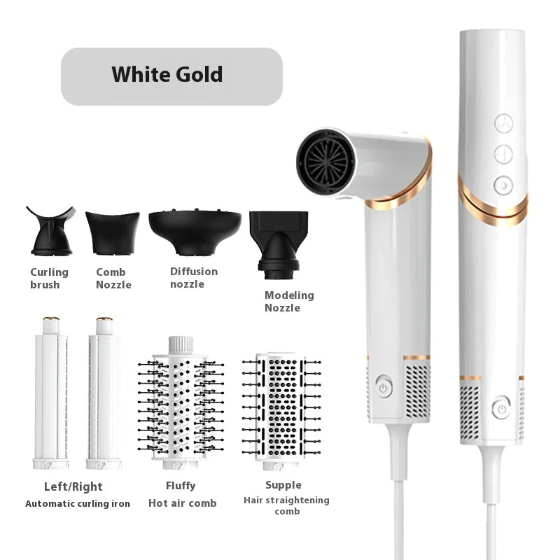 8-in-1 Hair Styler in white gold with text highlighting features like left/right automatic curling and hair smoothing capabilities.