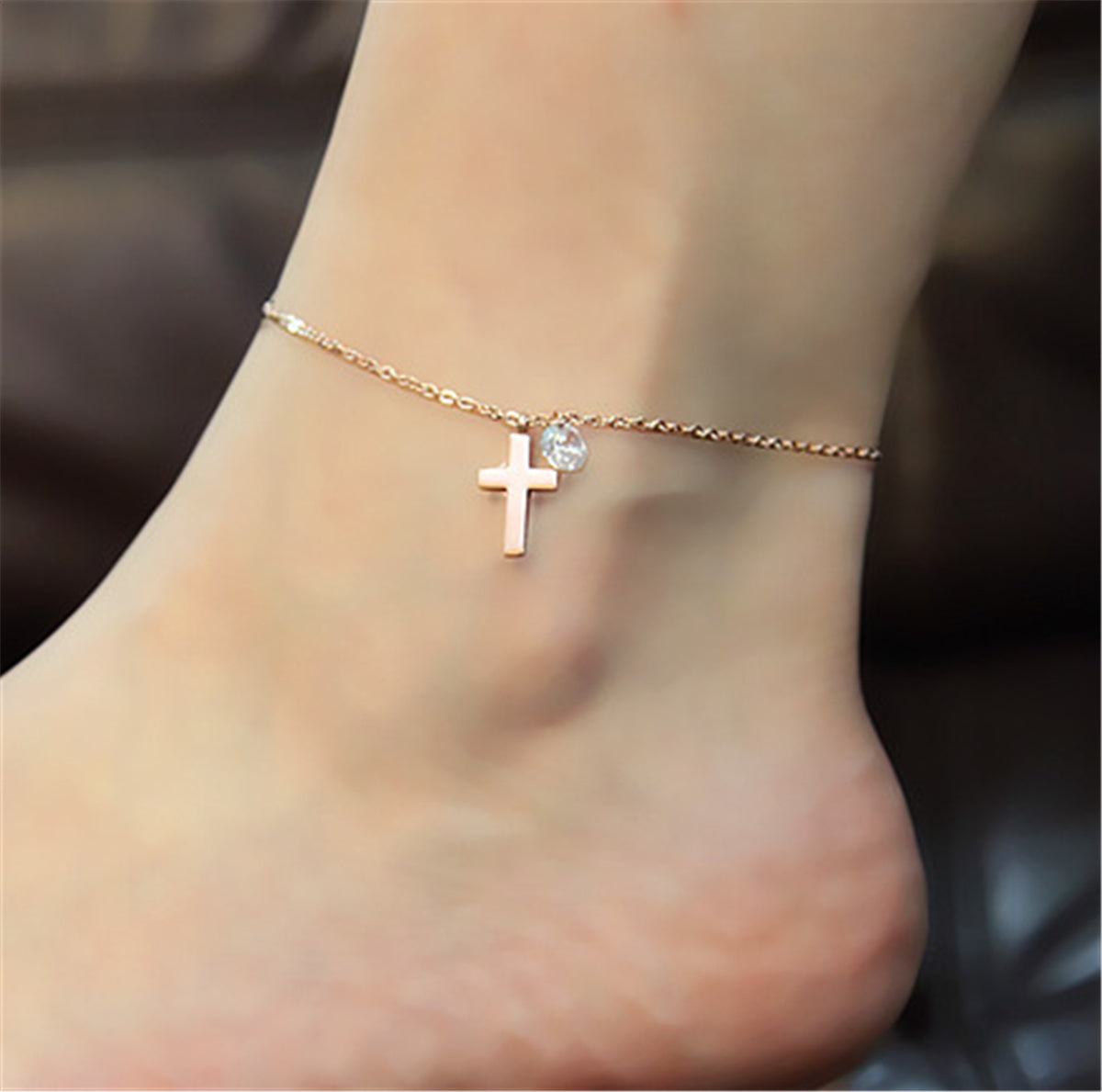 Stainless Steel Cross and Crystal Anklet